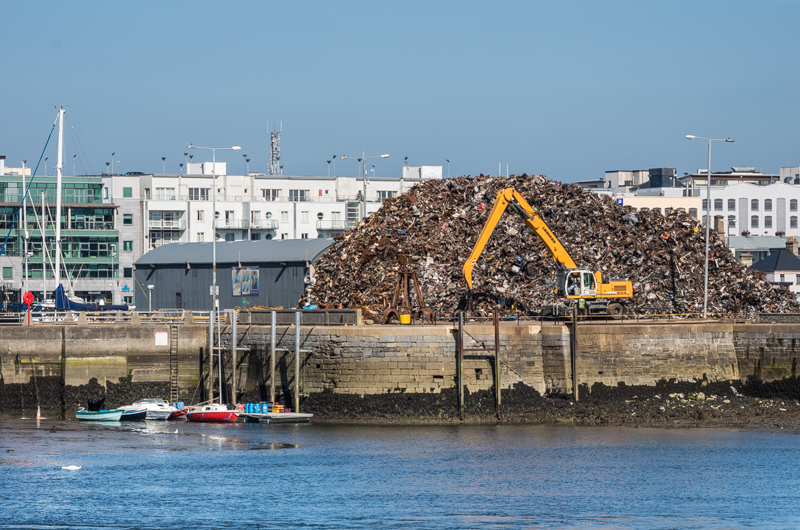 A pile of mixed ferrous and non-ferrous scrap metal